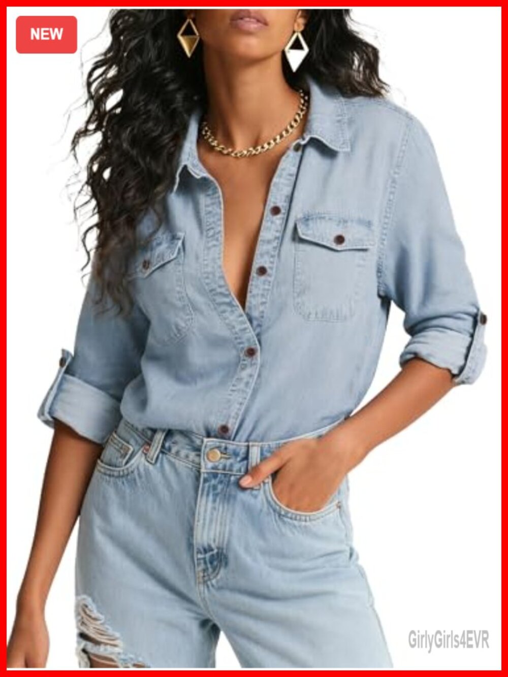 Chambray Button Down Shirt Long Sleeve Cotton Denim Blouse